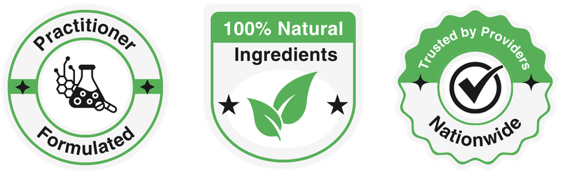 Practice Naturals trust badges — practitioner-formulated, clinically designed, community supported